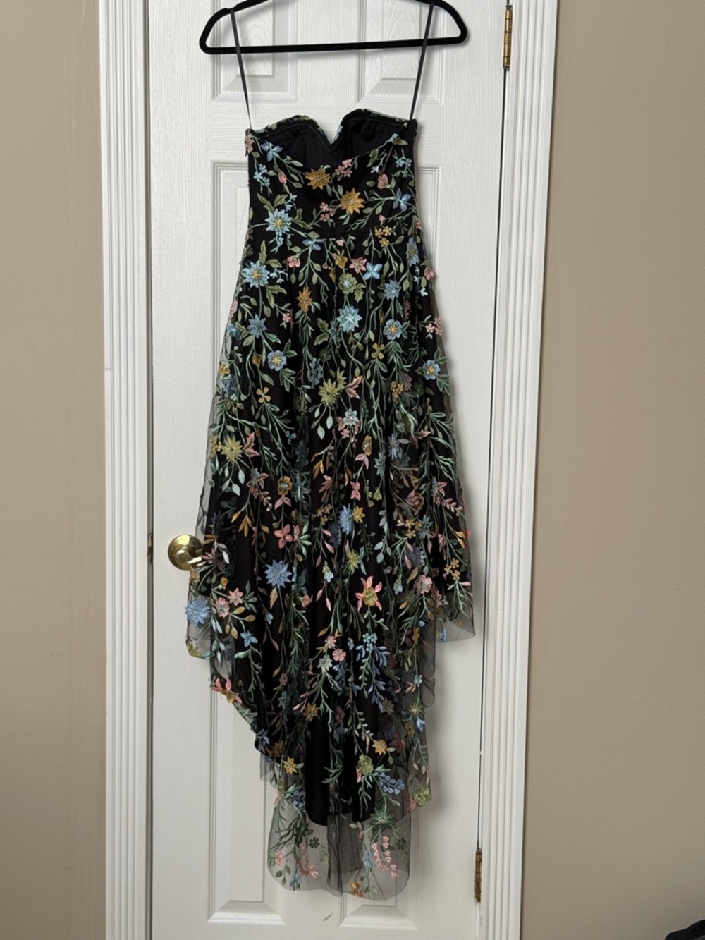 Floral Embroidered Black Strapless Dress